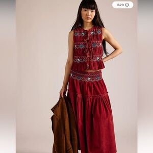 Free People Red Embroidered Two-Piece Corduroy Dress Set